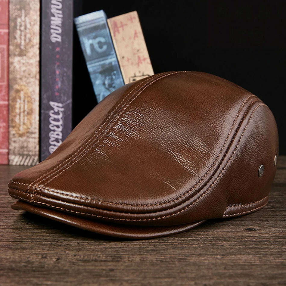 BUTTERMERE Flat Caps Men Real Leather Duckbill Hats Berets Earflaps Black Casual Directors Cap Male Vintage Winter Driving Caps - KIMLUD