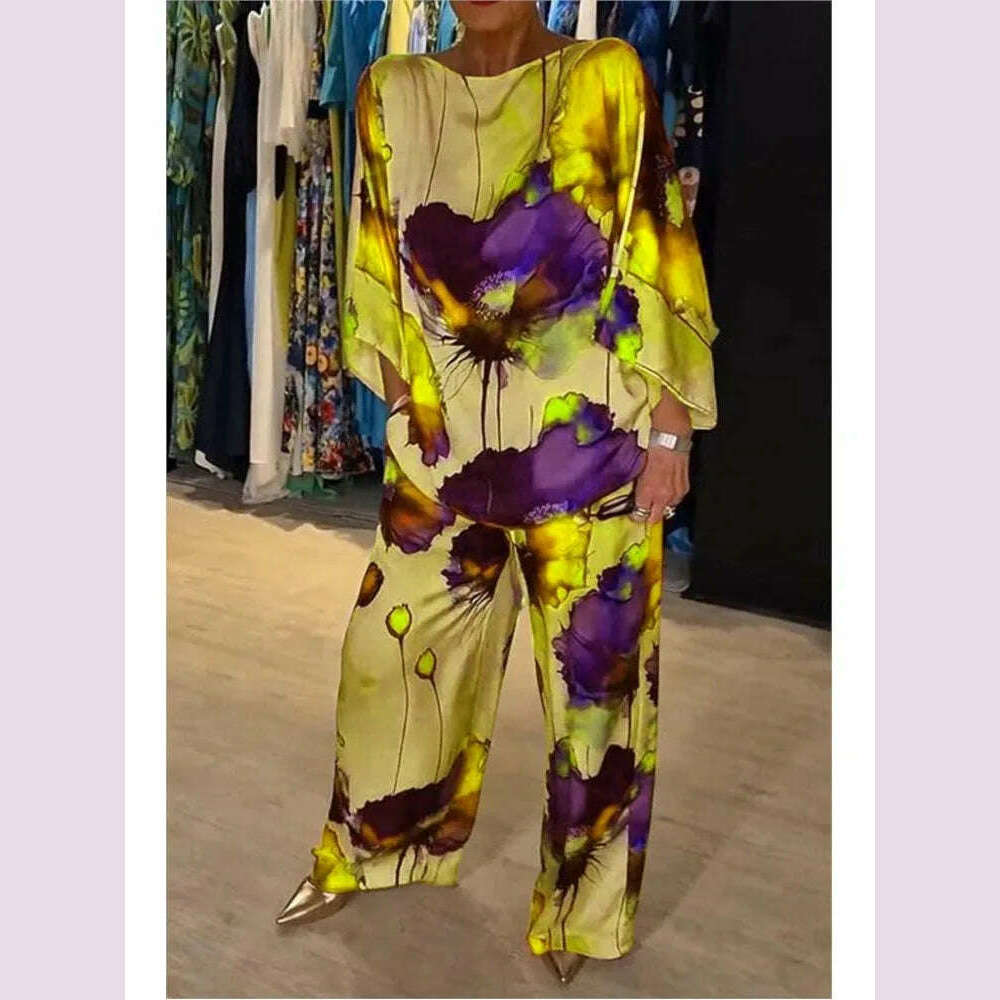 KIMLUD, Casual Sets for Women 2 pieces Summer Fashion Printed Satin Two Piece Sets Women Sexy Round Neck Top+Wide Leg Long Pants Outfits, KIMLUD Womens Clothes