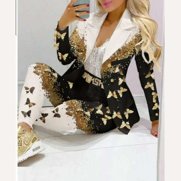 Casual Stripe Print Suit Coat Pants Set Office Lady Fashion Elegant Long Sleeve Top Trousers Two Piece Set Women Outfit 2023 - KIMLUD