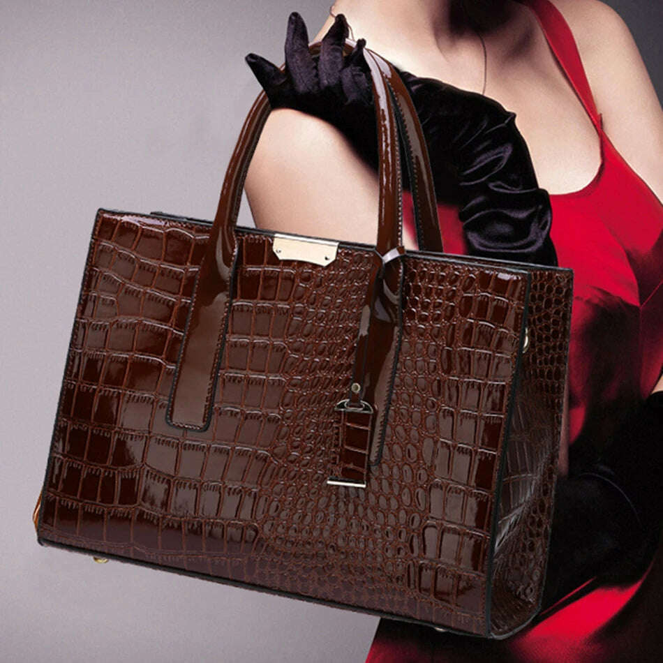 Casual Tote Sac Vintage Crocodile Pattern Patent Leather Luxury Handbags Brand Designer Large Capacity Shoulder Messenger Bag - KIMLUD