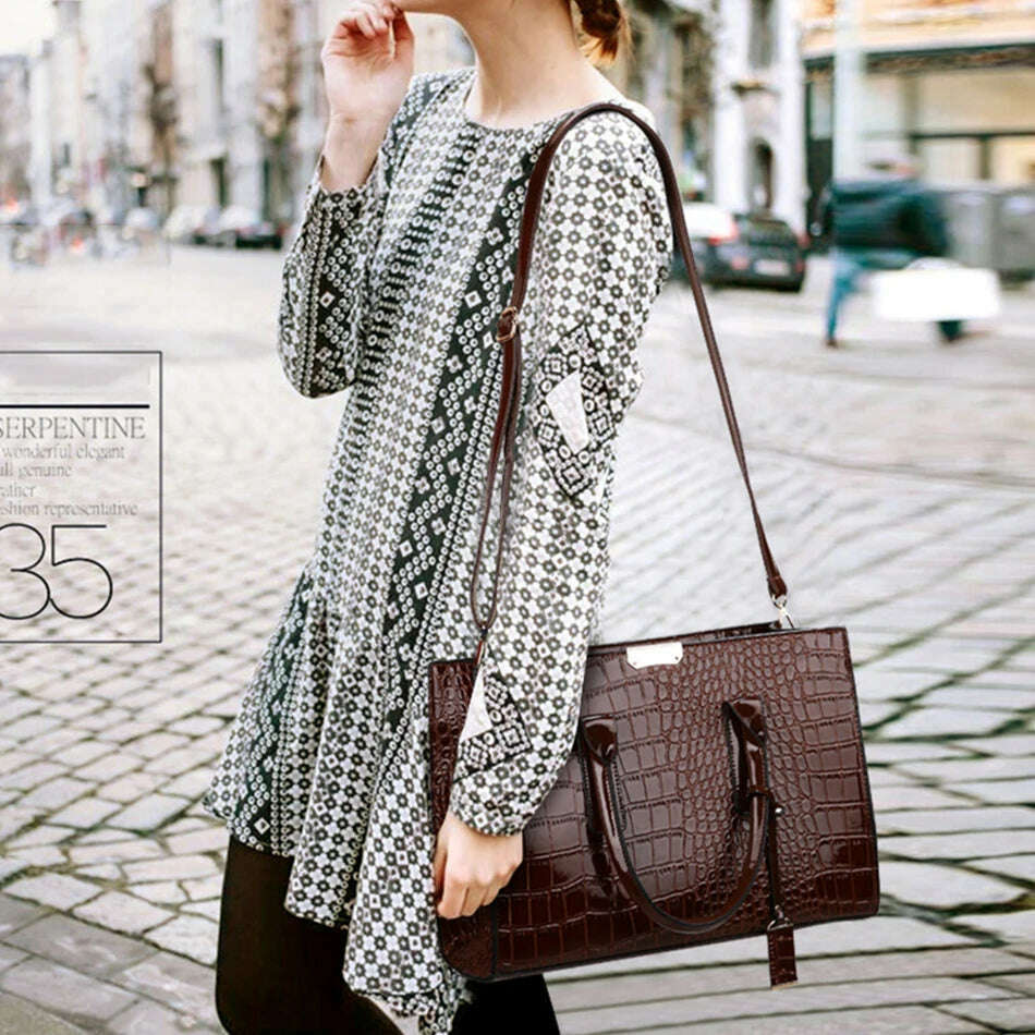 Casual Tote Sac Vintage Crocodile Pattern Patent Leather Luxury Handbags Brand Designer Large Capacity Shoulder Messenger Bag - KIMLUD
