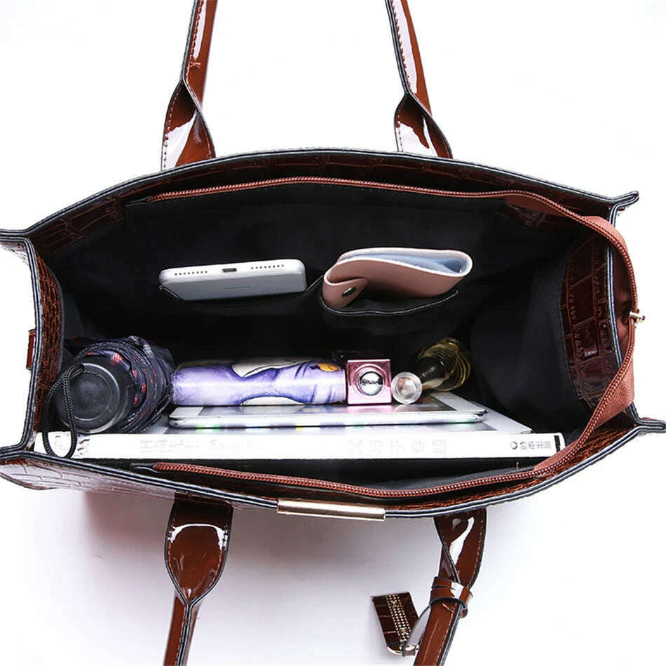 Casual Tote Sac Vintage Crocodile Pattern Patent Leather Luxury Handbags Brand Designer Large Capacity Shoulder Messenger Bag - KIMLUD