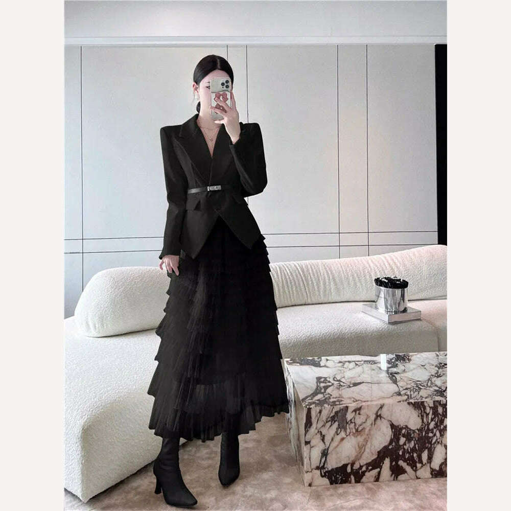 KIMLUD, Celebrity Fashion 2 Pieces Suits Elegant Lady Slim Belted Blazer&Ruffles Mesh Cake Skirt Sets Workwear OL 2pc Matching Suits, Black / M, KIMLUD Womens Clothes