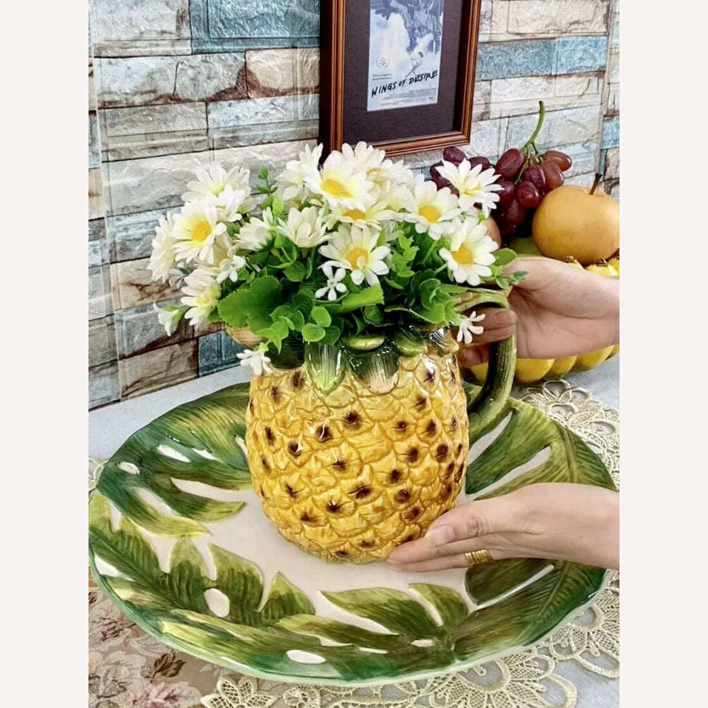KIMLUD, Ceramic Banana Leaf and Pineapple Flowers Vase, Home Decor Crafts, Room Decoration, Office Ornament, Garden Porcelain Figurines, KIMLUD Womens Clothes