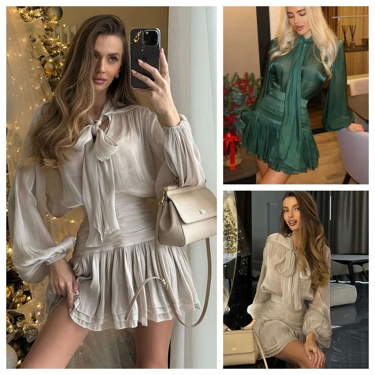 KIMLUD, Chic Bow Top Mini Skirts Sets Women O-neck Long Lantern Sleeve Blouses High Waist Pleated Skirt Spring New in Matching Suit, KIMLUD Womens Clothes