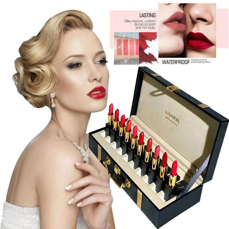 KIMLUD, Christmas Lipstick Set Wooden Box Lip Gloss Collection Not Easy to Fade Moisturizing Nude Makeup Kit Birthday Gift 10 Pcs, KIMLUD Womens Clothes