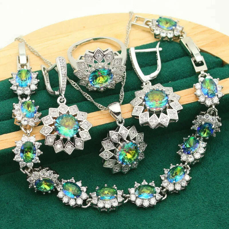 KIMLUD, Classic Rainbow Topaz 925 Sterling Silver Jewelry Sets For Women Bracelet Earrings Necklace pendant Ring Wedding Bride 4PCS, KIMLUD Womens Clothes