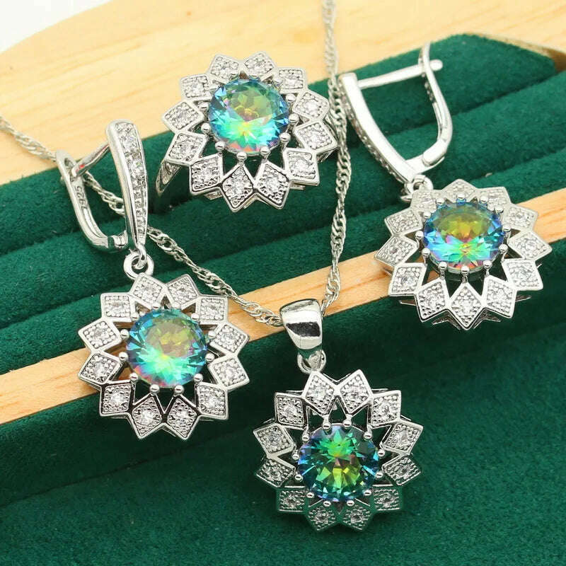 KIMLUD, Classic Rainbow Topaz 925 Sterling Silver Jewelry Sets For Women Bracelet Earrings Necklace pendant Ring Wedding Bride 4PCS, 3pcs / 6, KIMLUD APPAREL - Womens Clothes