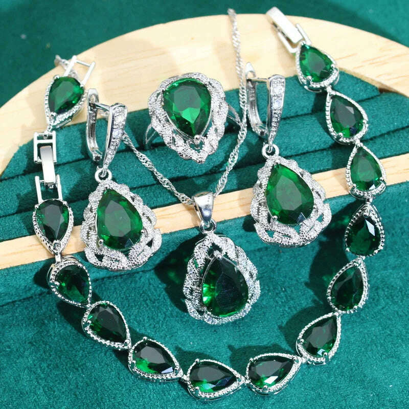 KIMLUD, Classics Green Zircon 925 Silver Jewelry Sets for Women Wedding Bracelet Earrings Necklace Pendant Ring Dating Gifts, KIMLUD Womens Clothes