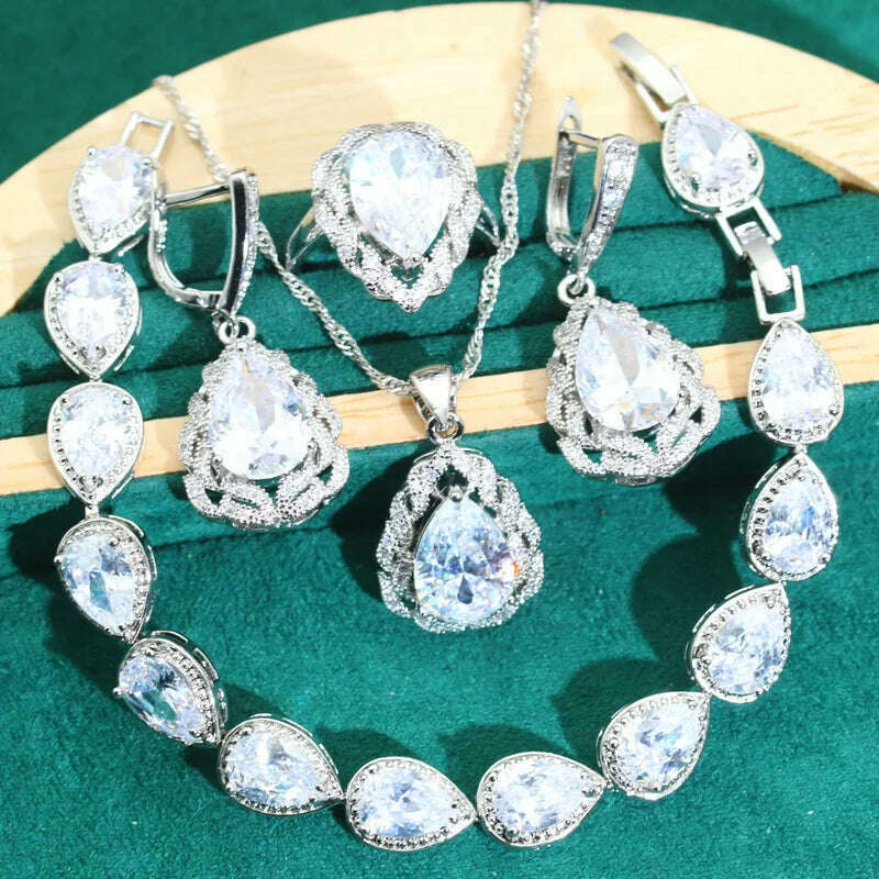 KIMLUD, Classics Green Zircon 925 Silver Jewelry Sets for Women Wedding Bracelet Earrings Necklace Pendant Ring Dating Gifts, 4PCS   02 / 10, KIMLUD APPAREL - Womens Clothes