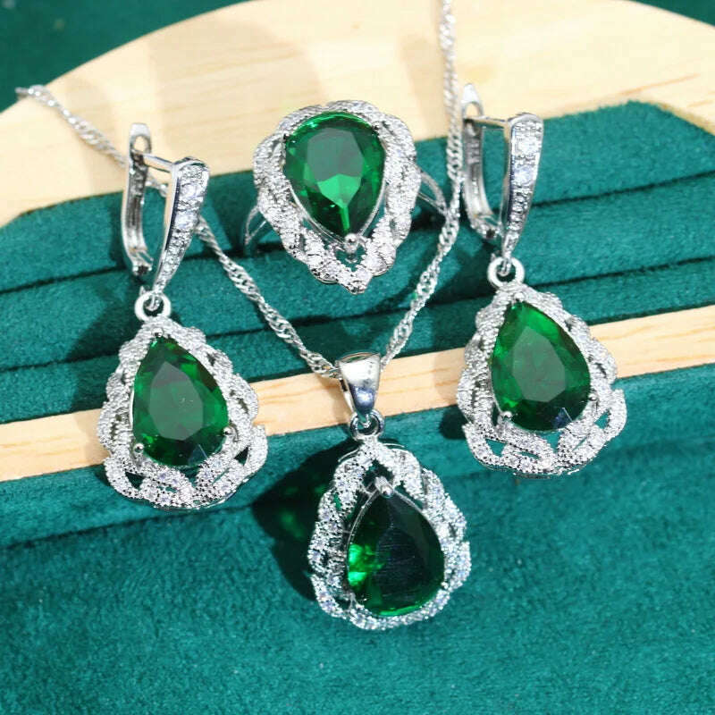 KIMLUD, Classics Green Zircon 925 Silver Jewelry Sets for Women Wedding Bracelet Earrings Necklace Pendant Ring Dating Gifts, 3PCS   01 / 8, KIMLUD APPAREL - Womens Clothes