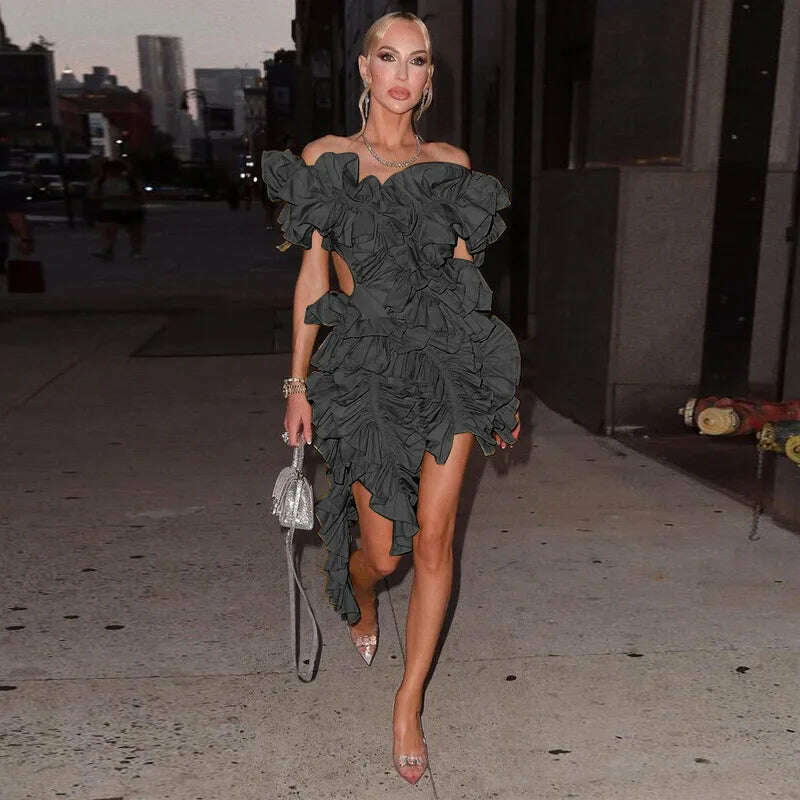 CM.YAYA Women Edible Tree Fungus Tierred High Low Asymmetrical Ball Gown Dress 2023 Sexy Club Party Evening High Street Dresses - KIMLUD