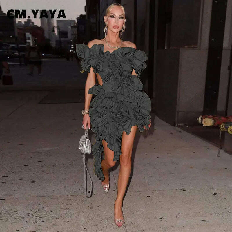 CM.YAYA Women Edible Tree Fungus Tierred High Low Asymmetrical Ball Gown Dress 2023 Sexy Club Party Evening High Street Dresses - KIMLUD