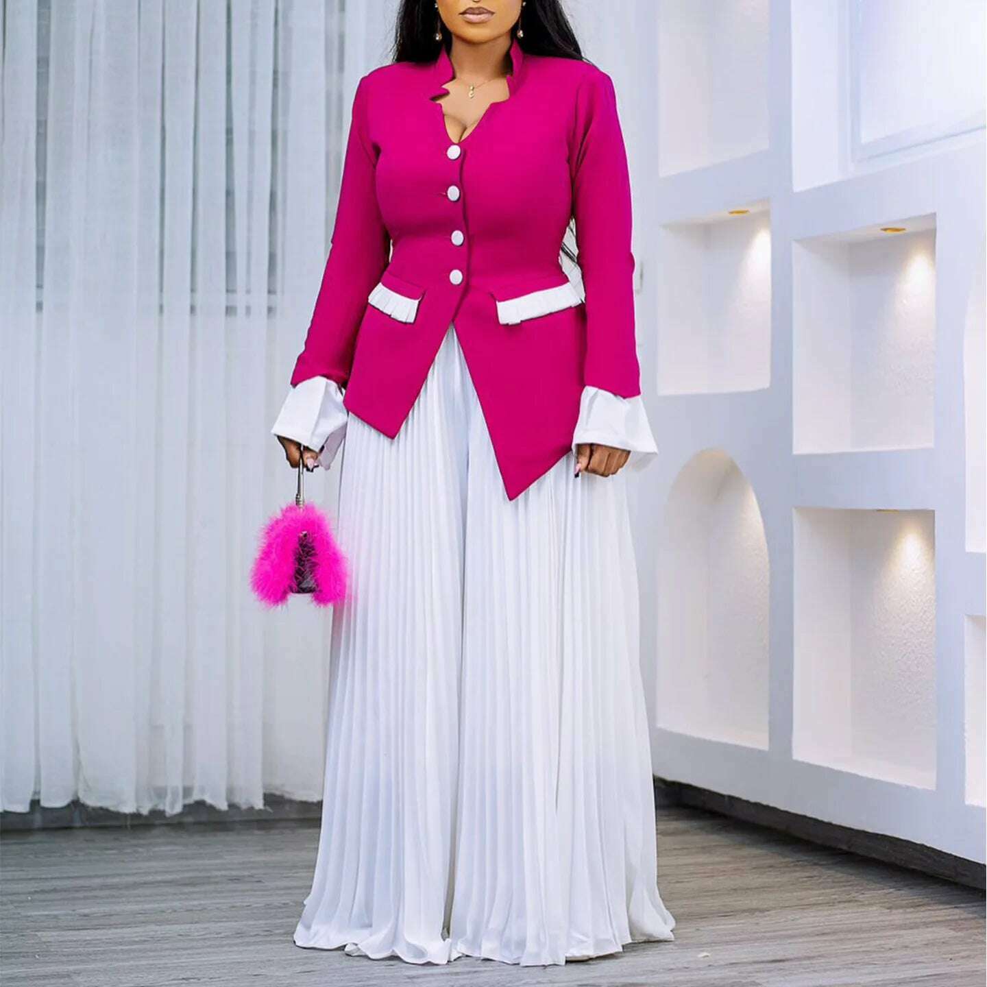 CM.YAYA Women's Set Full Flare Sleeve Button Blazer Shirt + Pleated Long Pants Suit Streetwear Two 2 Piece Set Africa OL Outfits - KIMLUD