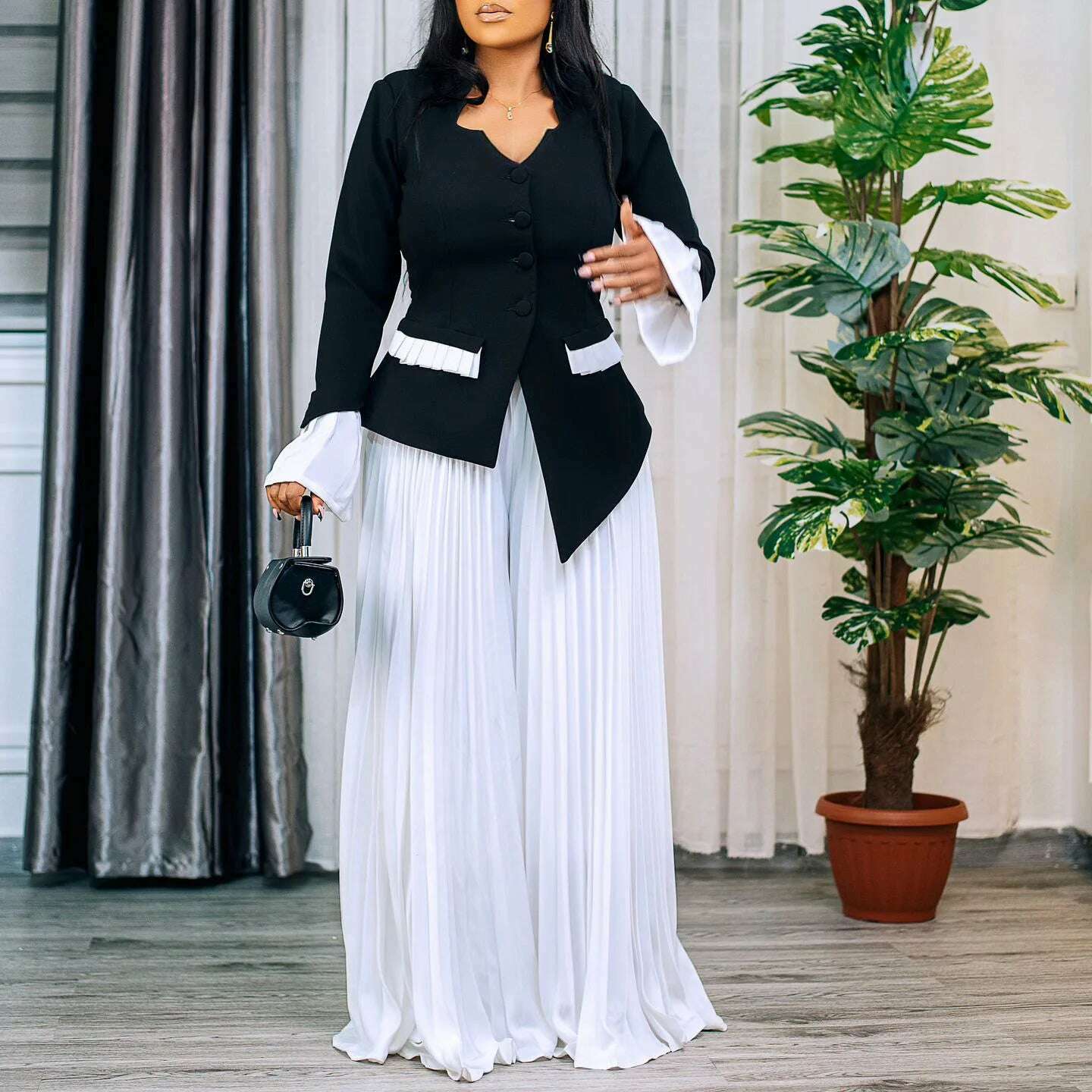 CM.YAYA Women's Set Full Flare Sleeve Button Blazer Shirt + Pleated Long Pants Suit Streetwear Two 2 Piece Set Africa OL Outfits - KIMLUD