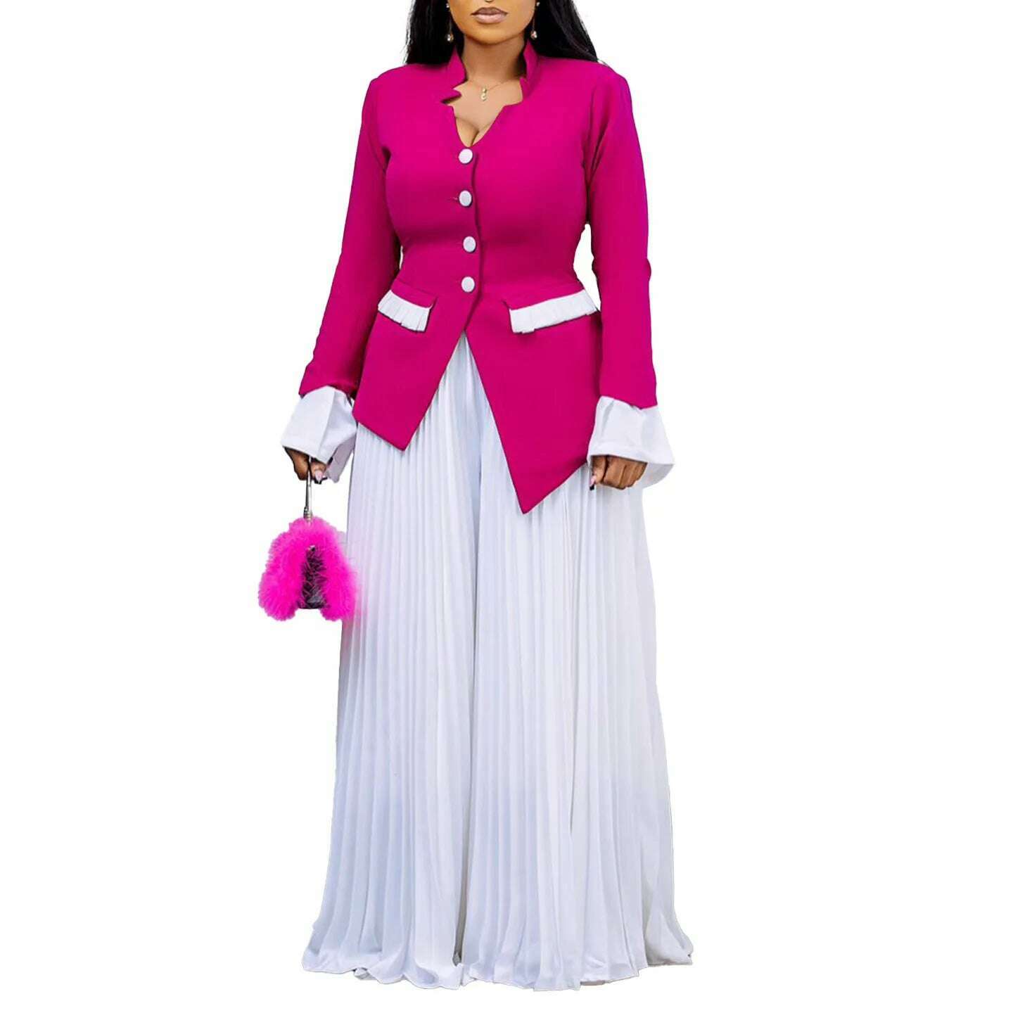 CM.YAYA Women's Set Full Flare Sleeve Button Blazer Shirt + Pleated Long Pants Suit Streetwear Two 2 Piece Set Africa OL Outfits - KIMLUD
