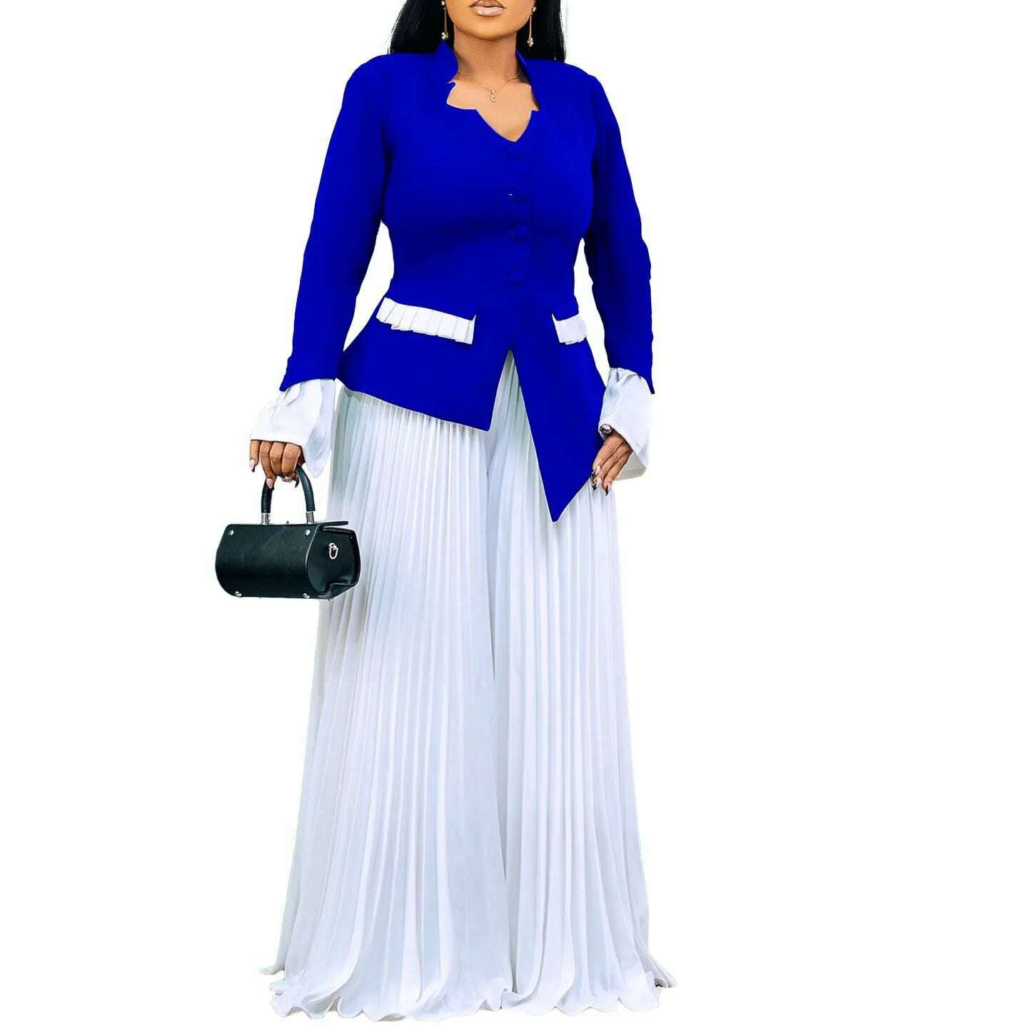 CM.YAYA Women's Set Full Flare Sleeve Button Blazer Shirt + Pleated Long Pants Suit Streetwear Two 2 Piece Set Africa OL Outfits - KIMLUD