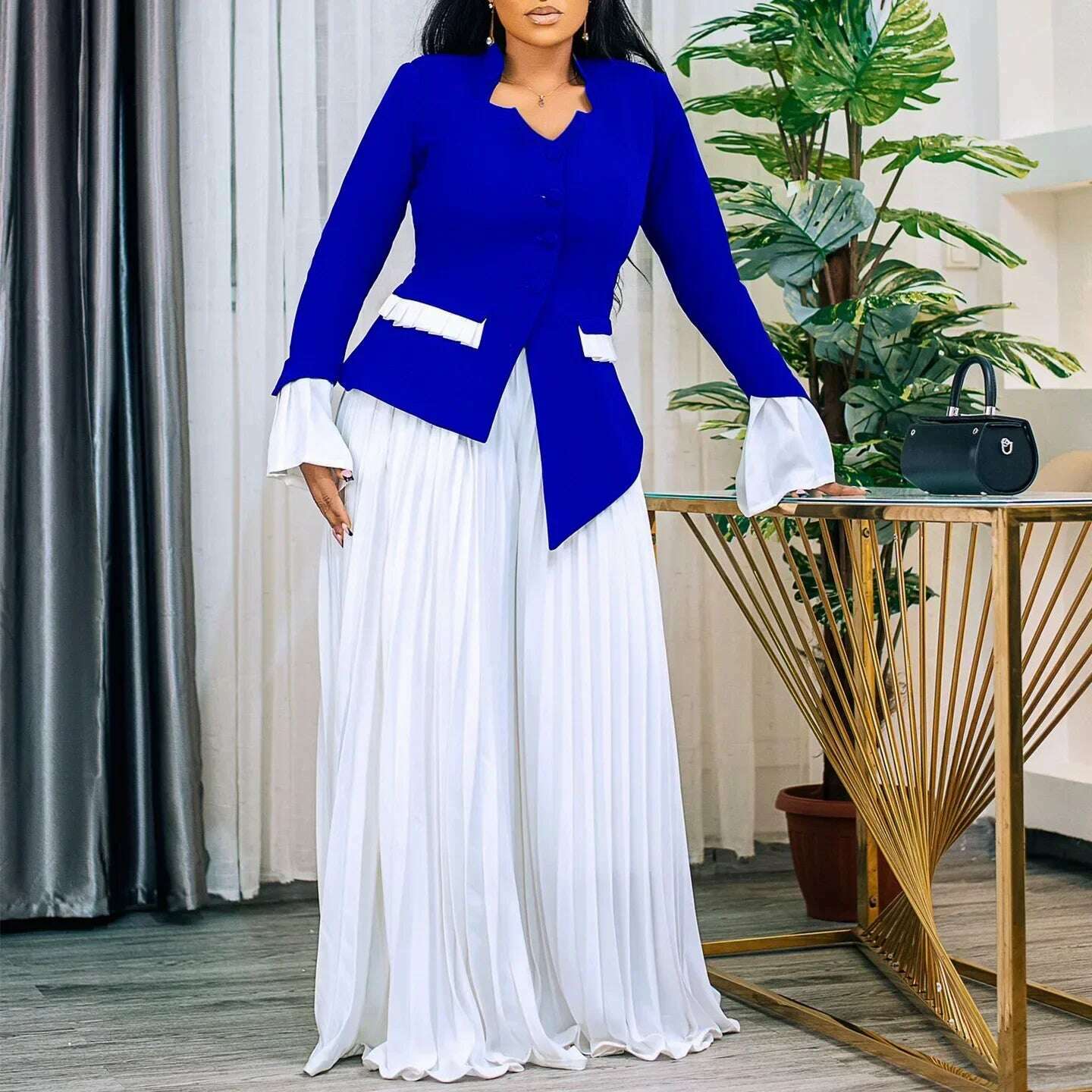 CM.YAYA Women's Set Full Flare Sleeve Button Blazer Shirt + Pleated Long Pants Suit Streetwear Two 2 Piece Set Africa OL Outfits - KIMLUD