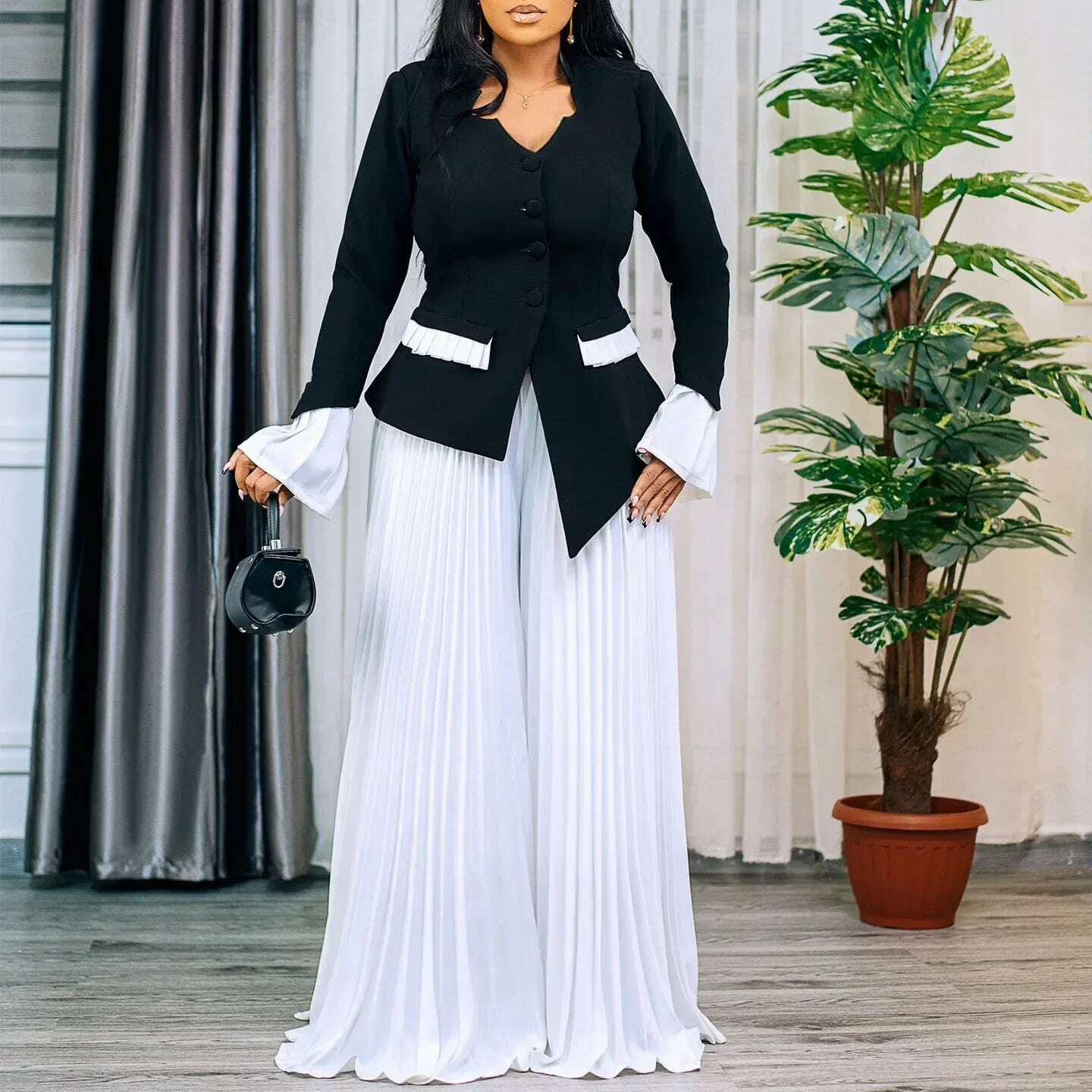 CM.YAYA Women's Set Full Flare Sleeve Button Blazer Shirt + Pleated Long Pants Suit Streetwear Two 2 Piece Set Africa OL Outfits - KIMLUD