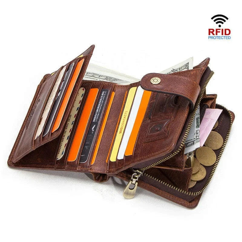 CONTACT'S Genuine Leather RFID Vintage Wallet Men With Coin Pocket Short Wallets Small Zipper Walet With Card Holders Man Purse - KIMLUD