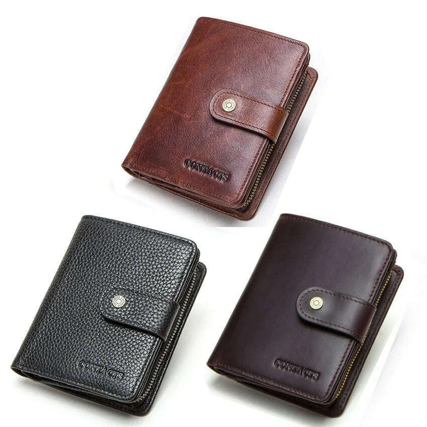 KIMLUD, CONTACT'S Genuine Leather RFID Vintage Wallet Men With Coin Pocket Short Wallets Small Zipper Walet With Card Holders Man Purse, KIMLUD Womens Clothes