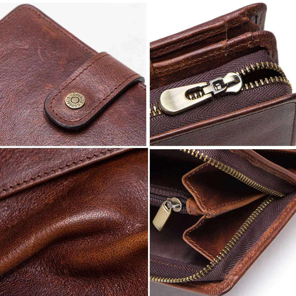 KIMLUD, CONTACT'S Genuine Leather RFID Vintage Wallet Men With Coin Pocket Short Wallets Small Zipper Walet With Card Holders Man Purse, KIMLUD Womens Clothes