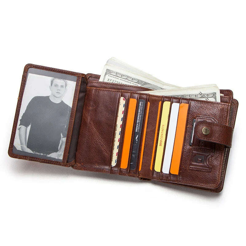 KIMLUD, CONTACT'S Genuine Leather RFID Vintage Wallet Men With Coin Pocket Short Wallets Small Zipper Walet With Card Holders Man Purse, KIMLUD Womens Clothes