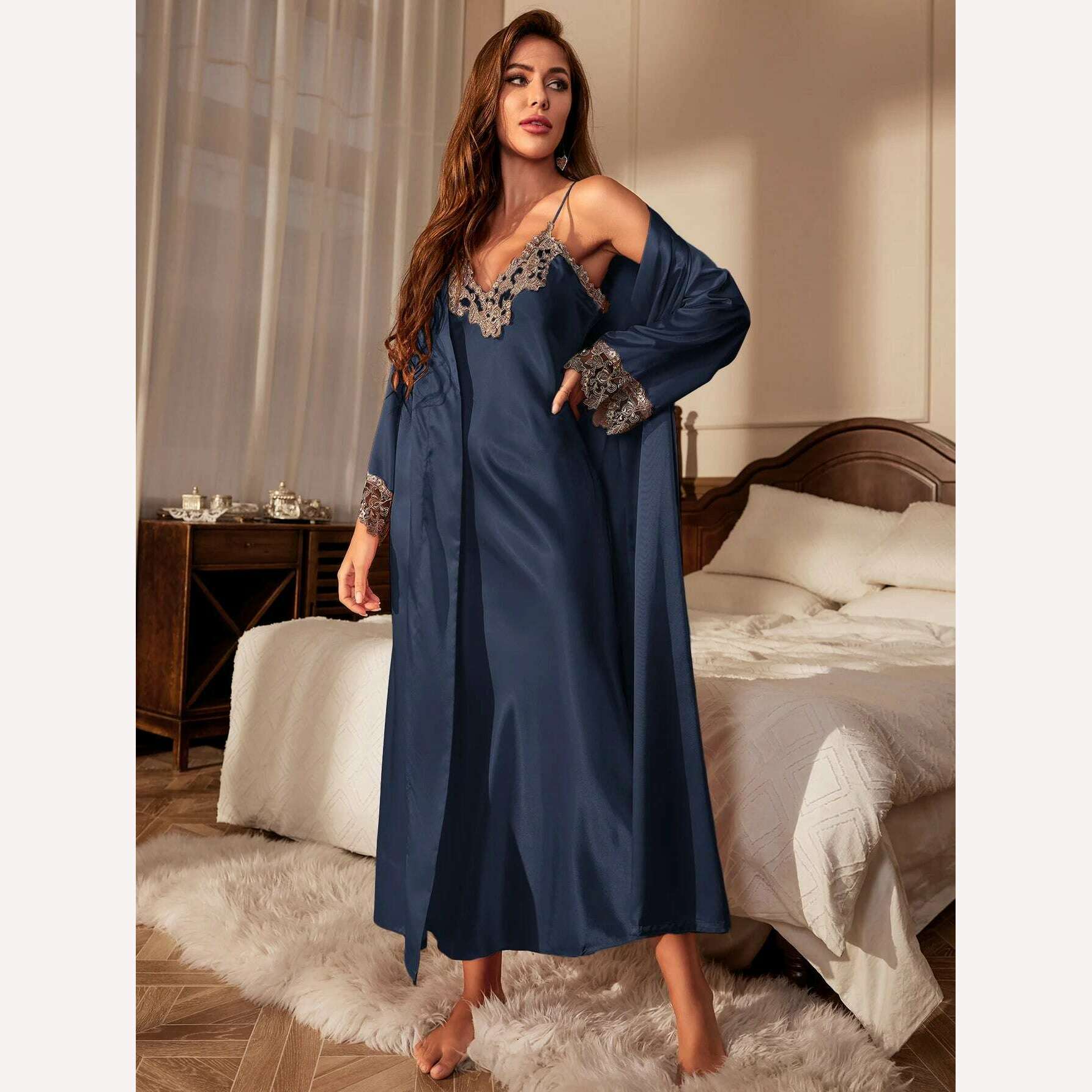 Contrast Lace Pajama Set Long Sleeve Robe With Belt V Neck Slip Dress Women's Sleepwear Loungewear - KIMLUD