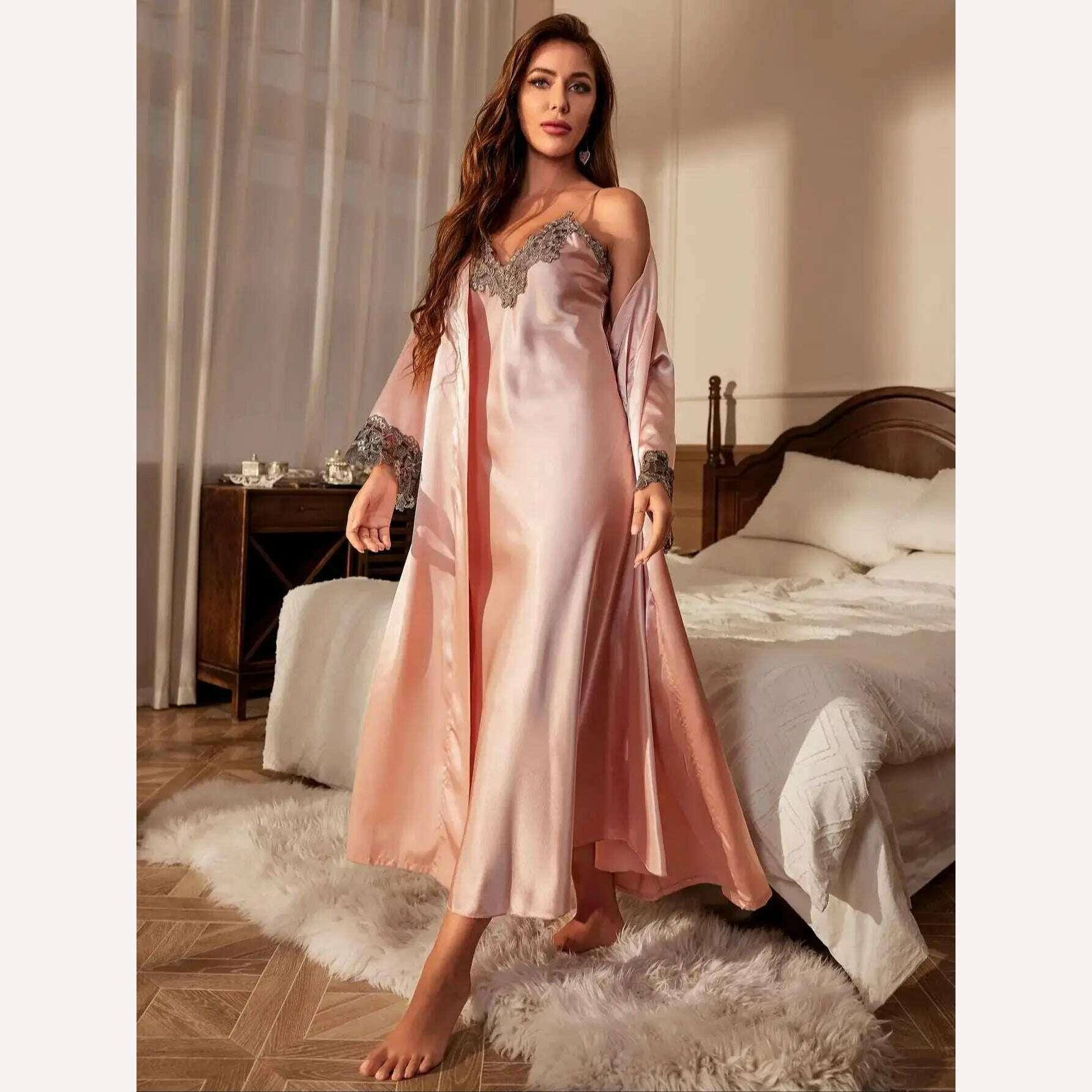 Contrast Lace Pajama Set Long Sleeve Robe With Belt V Neck Slip Dress Women's Sleepwear Loungewear - KIMLUD