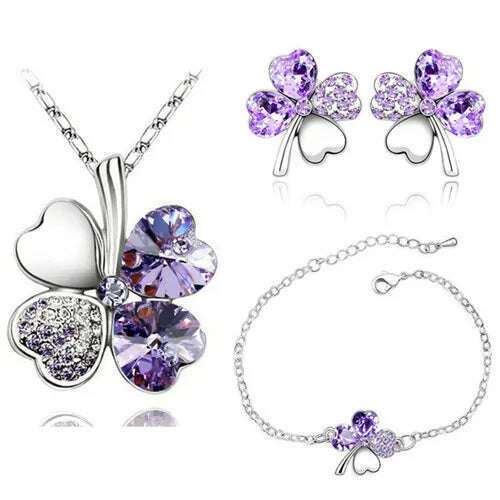 Crystal Clover 4 Leaf leaves heart pendant Jewelry sets necklace earrings bracelet women lovers cute romantic gifts summer party - KIMLUD