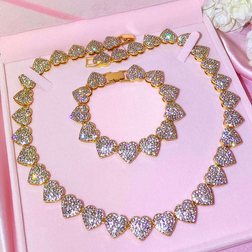 KIMLUD, Crystal Heart Cuban Link Chain Necklace for Women 15mm Bling Full Rhinestones Paved Heart Tennis Chain Necklace Hip Hop Jewelry, KIMLUD Womens Clothes