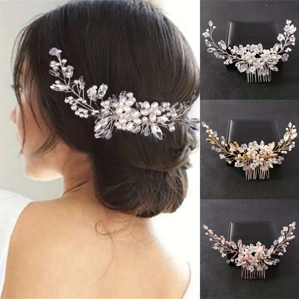 KIMLUD, Crystal Rhinestone Flower Pearl Hair Comb Bridal Headband Tiara Hairpin Party Wedding Bridal Hair Accessories Jewelry, KIMLUD Womens Clothes