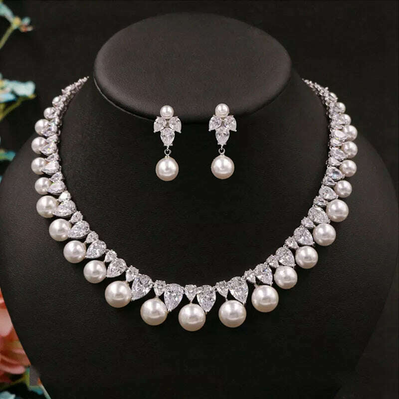 Cubic Zirconia Round Pearl Drill Noble Delicate Bridal Necklace Pendant Stud Earrings Jewelry Wedding Accessories For Women - KIMLUD