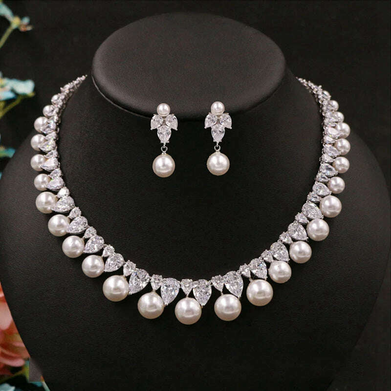 Cubic Zirconia Round Pearl Drill Noble Delicate Bridal Necklace Pendant Stud Earrings Jewelry Wedding Accessories For Women - KIMLUD