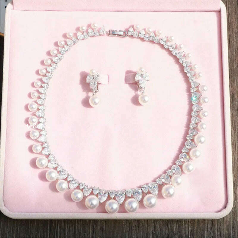 Cubic Zirconia Round Pearl Drill Noble Delicate Bridal Necklace Pendant Stud Earrings Jewelry Wedding Accessories For Women - KIMLUD
