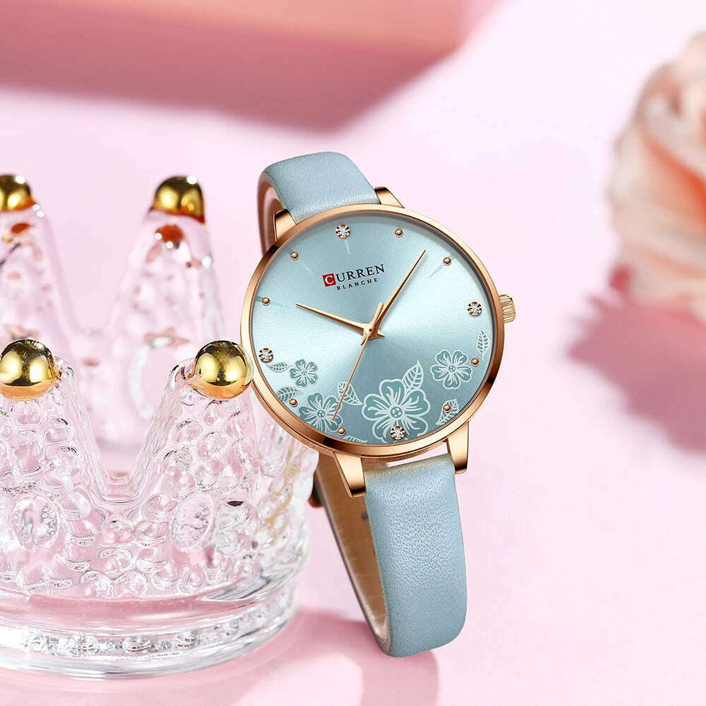 KIMLUD, CURREN Watches Women Brand Leather Quartz Wristwatches Luxury Design Clock for Ladies Charm Flowers Dial Montre Femme, KIMLUD Womens Clothes