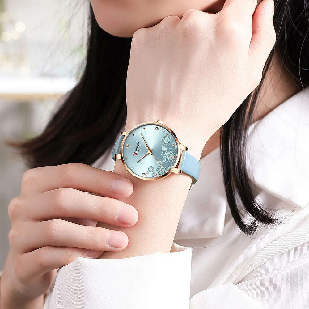 KIMLUD, CURREN Watches Women Brand Leather Quartz Wristwatches Luxury Design Clock for Ladies Charm Flowers Dial Montre Femme, KIMLUD Womens Clothes