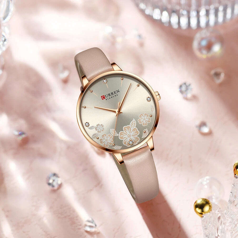 KIMLUD, CURREN Watches Women Brand Leather Quartz Wristwatches Luxury Design Clock for Ladies Charm Flowers Dial Montre Femme, KIMLUD Womens Clothes
