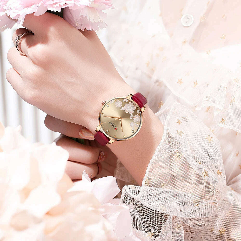 KIMLUD, CURREN Watches Women Brand Leather Quartz Wristwatches Luxury Design Clock for Ladies Charm Flowers Dial Montre Femme, KIMLUD Womens Clothes
