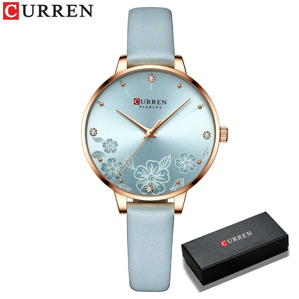 KIMLUD, CURREN Watches Women Brand Leather Quartz Wristwatches Luxury Design Clock for Ladies Charm Flowers Dial Montre Femme, blue box, KIMLUD APPAREL - Womens Clothes