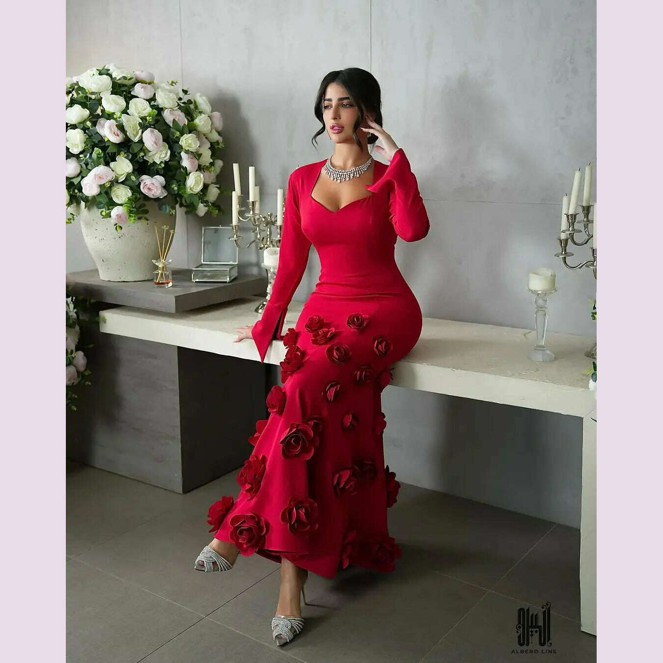 KIMLUD, Customized Mermaid Red Prom Dresses Long Sleeves Sweetheart Flowers Ankle Length Evening Dresses Party Dresses, KIMLUD Womens Clothes