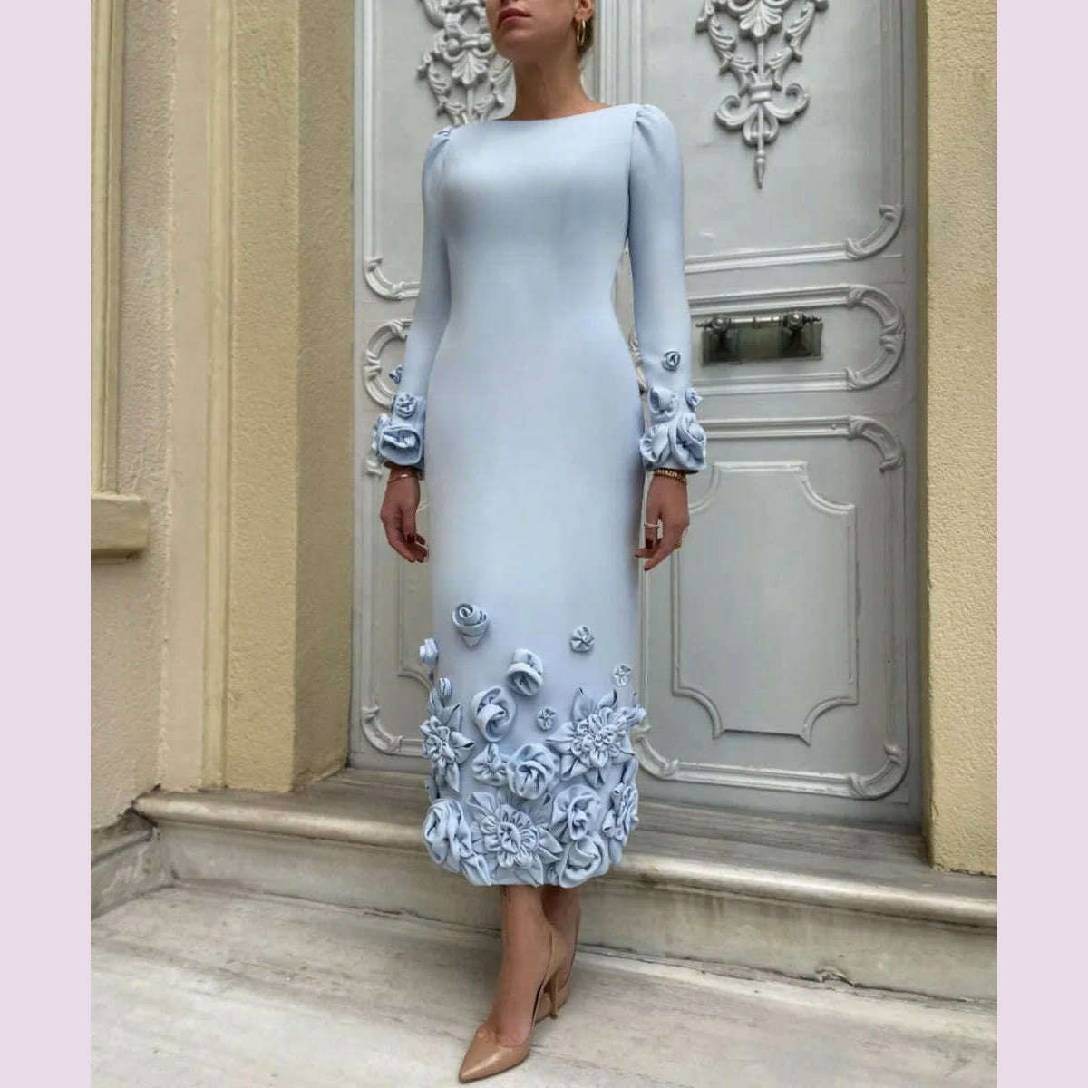 KIMLUD, Customized Sizes Available Jersey Pleat Flower Straight Jewel Midi Dresses Cocktail Dresses High Quality Unisex, KIMLUD Womens Clothes