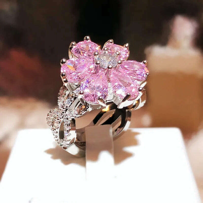 Cute Female Pink Crystal Stone Ring Charm Upscale Thin 925 Sterling Silver Wedding Rings for Women Bride Flower Zircon Jewelry - KIMLUD