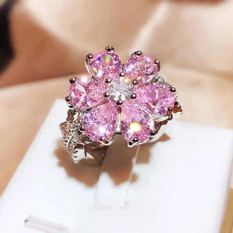 Cute Female Pink Crystal Stone Ring Charm Upscale Thin 925 Sterling Silver Wedding Rings for Women Bride Flower Zircon Jewelry - KIMLUD