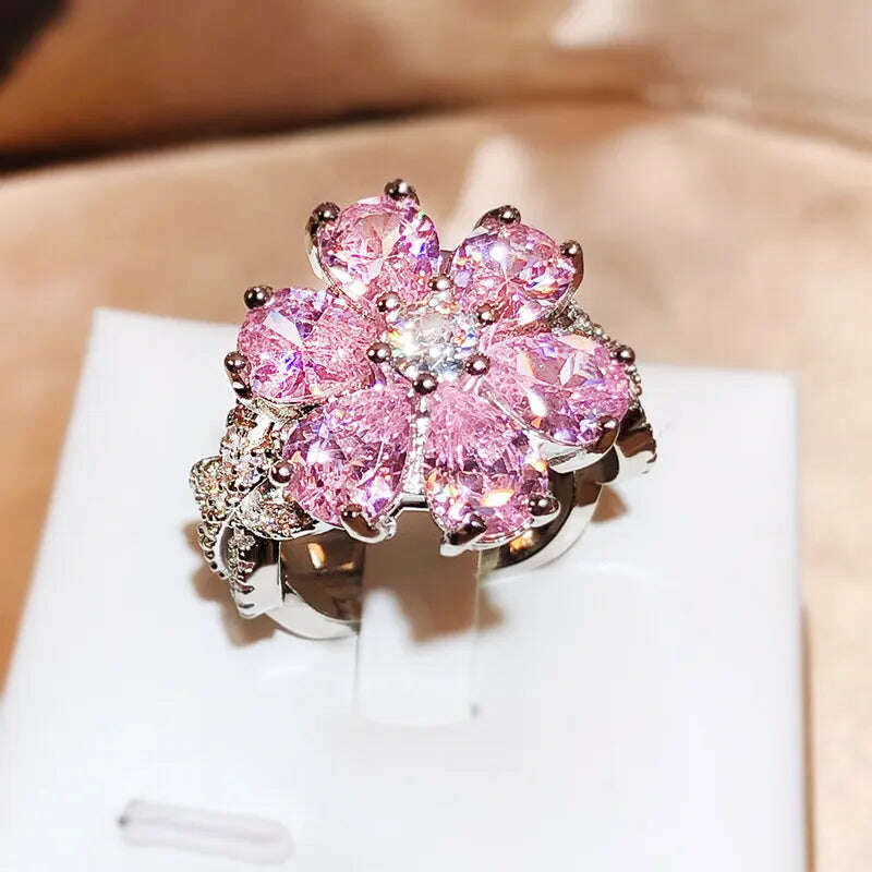 Cute Female Pink Crystal Stone Ring Charm Upscale Thin 925 Sterling Silver Wedding Rings for Women Bride Flower Zircon Jewelry - KIMLUD