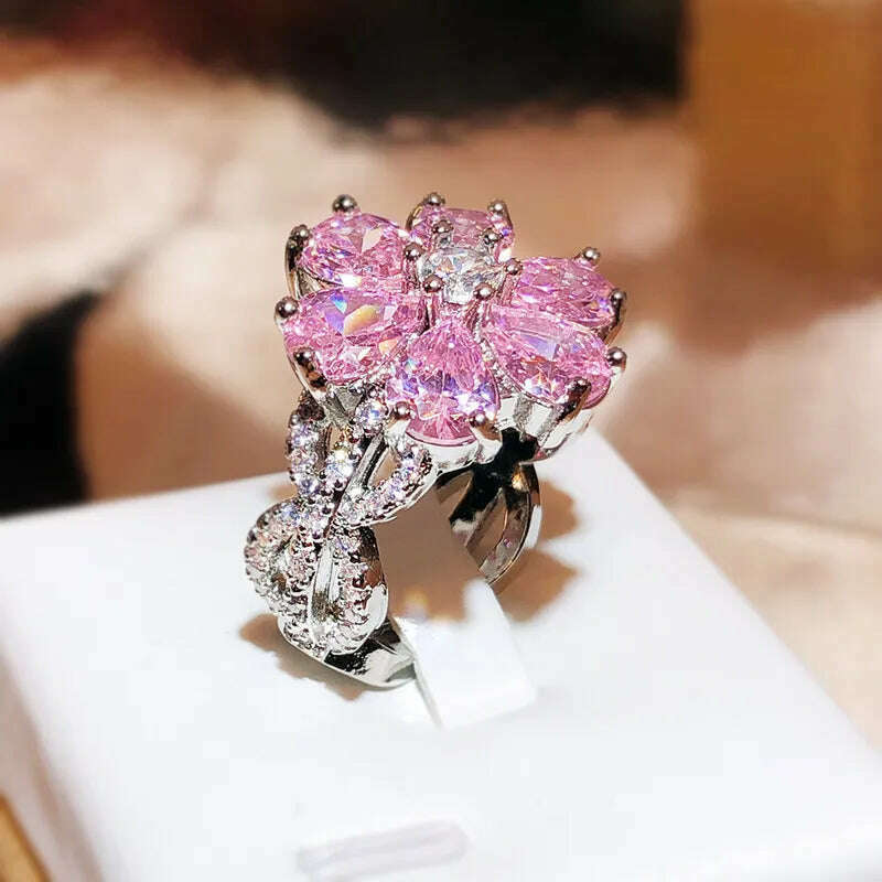 Cute Female Pink Crystal Stone Ring Charm Upscale Thin 925 Sterling Silver Wedding Rings for Women Bride Flower Zircon Jewelry - KIMLUD