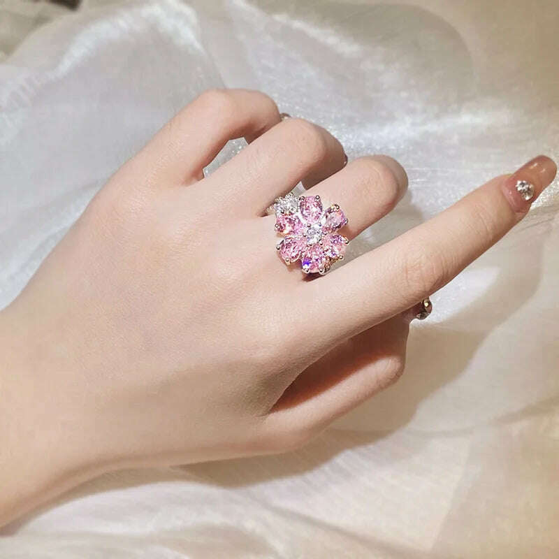 Cute Female Pink Crystal Stone Ring Charm Upscale Thin 925 Sterling Silver Wedding Rings for Women Bride Flower Zircon Jewelry - KIMLUD