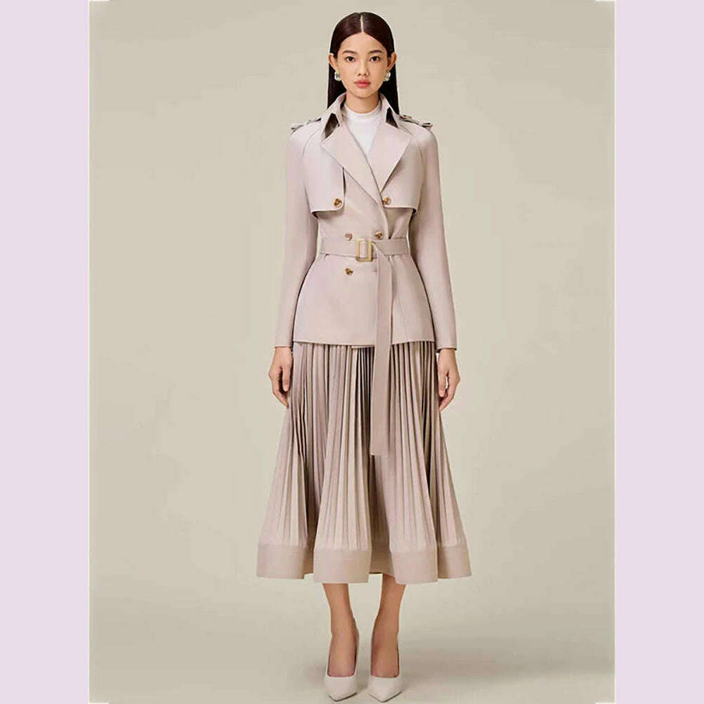 DEAT 2 Pcs Set Notched Collar Double Breasted Belt Waist Trench Coat Pleated A-line Skirt Women's Suit 2024 Spring New Fashion - KIMLUD