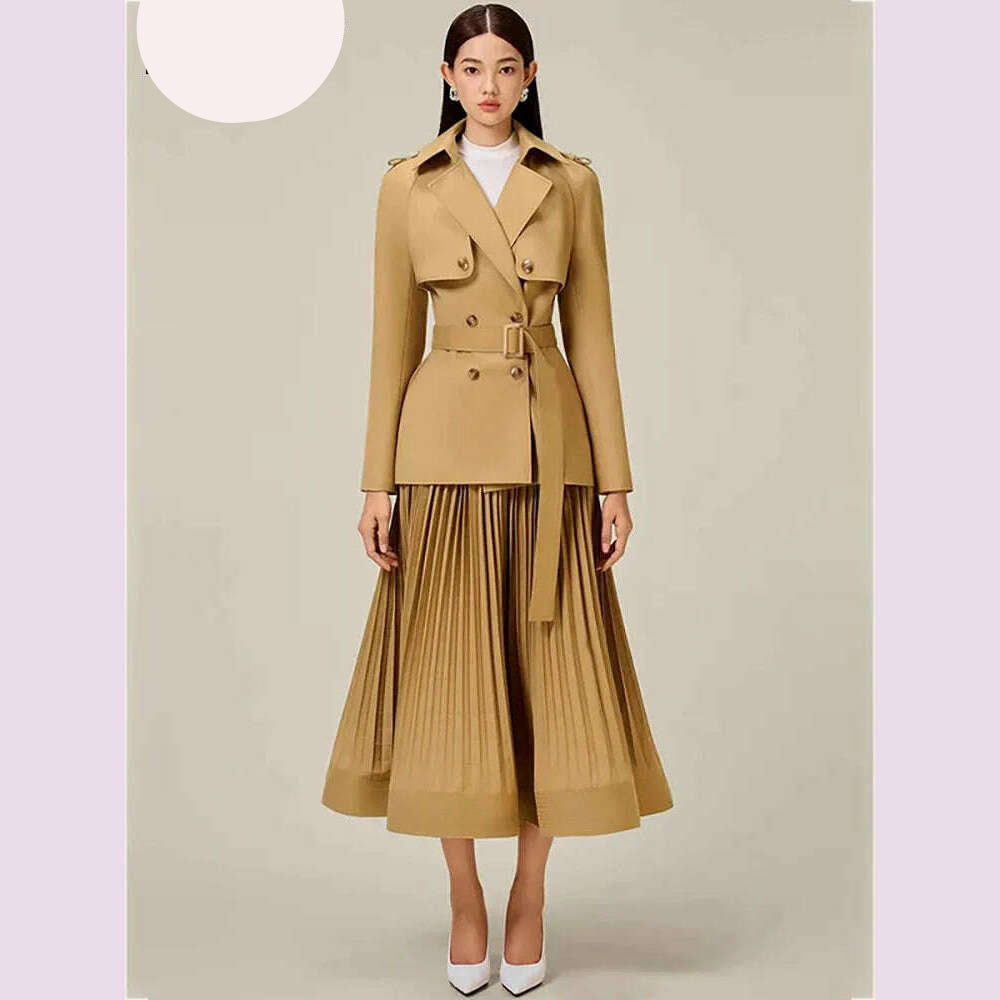 DEAT 2 Pcs Set Notched Collar Double Breasted Belt Waist Trench Coat Pleated A-line Skirt Women's Suit 2024 Spring New Fashion - KIMLUD