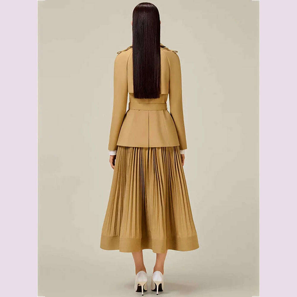 DEAT 2 Pcs Set Notched Collar Double Breasted Belt Waist Trench Coat Pleated A-line Skirt Women's Suit 2024 Spring New Fashion - KIMLUD